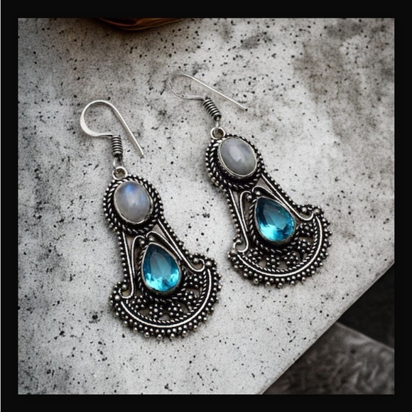 Rainbow Moonstone & Blue Topaz Drop Dangle Hook Style Earrings 2" L New With Tag - Picture 5 of 16